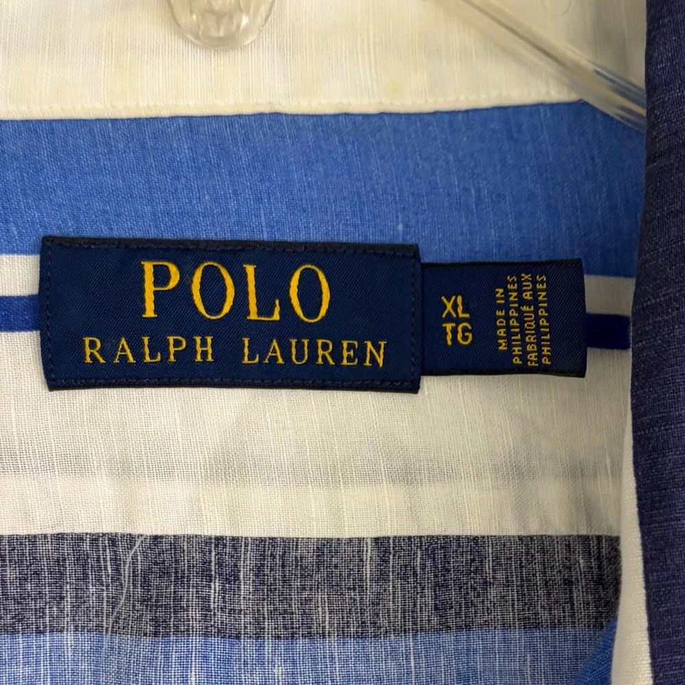 Polo Ralph Lauren Camp Shirt Mens XL Blue White Striped Linen Blend Summer